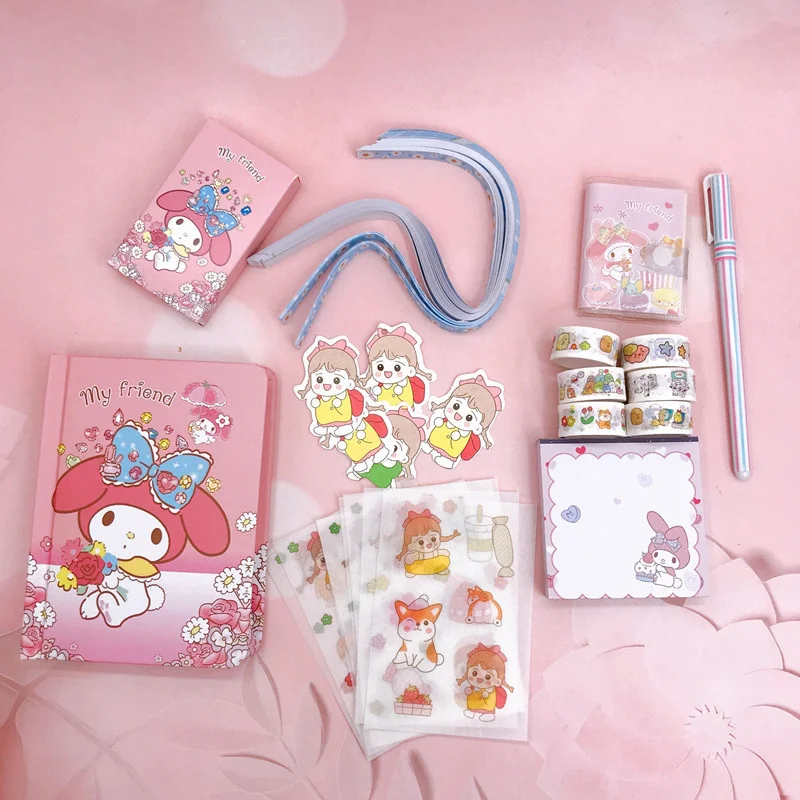 Sanrio Kuromi Melody Cinnamoroll juego de manual de dibujos animados, pegatinas de cinta para niñas lindas, Bloc de notas, bolígrafo, regalo para estudiantes de escuela, premio