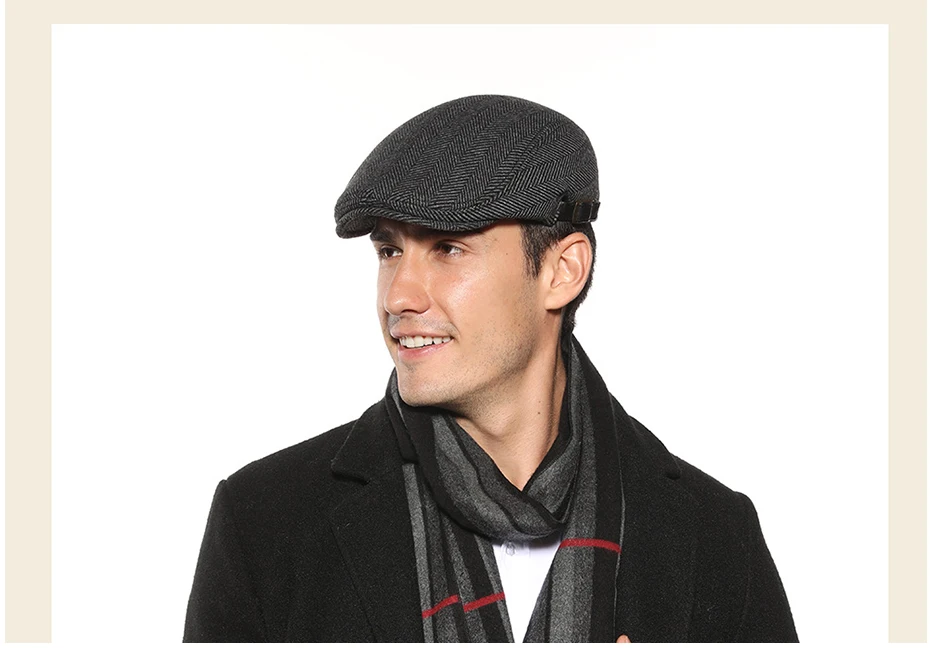 Wolle Vintage Baskenmütze Männer Winter Plus Samt Warme Flache Hut Lässige Berets Retro Mode Zeitungsjunge Mütze männer Zweireiher Einstellbar – Detail 1