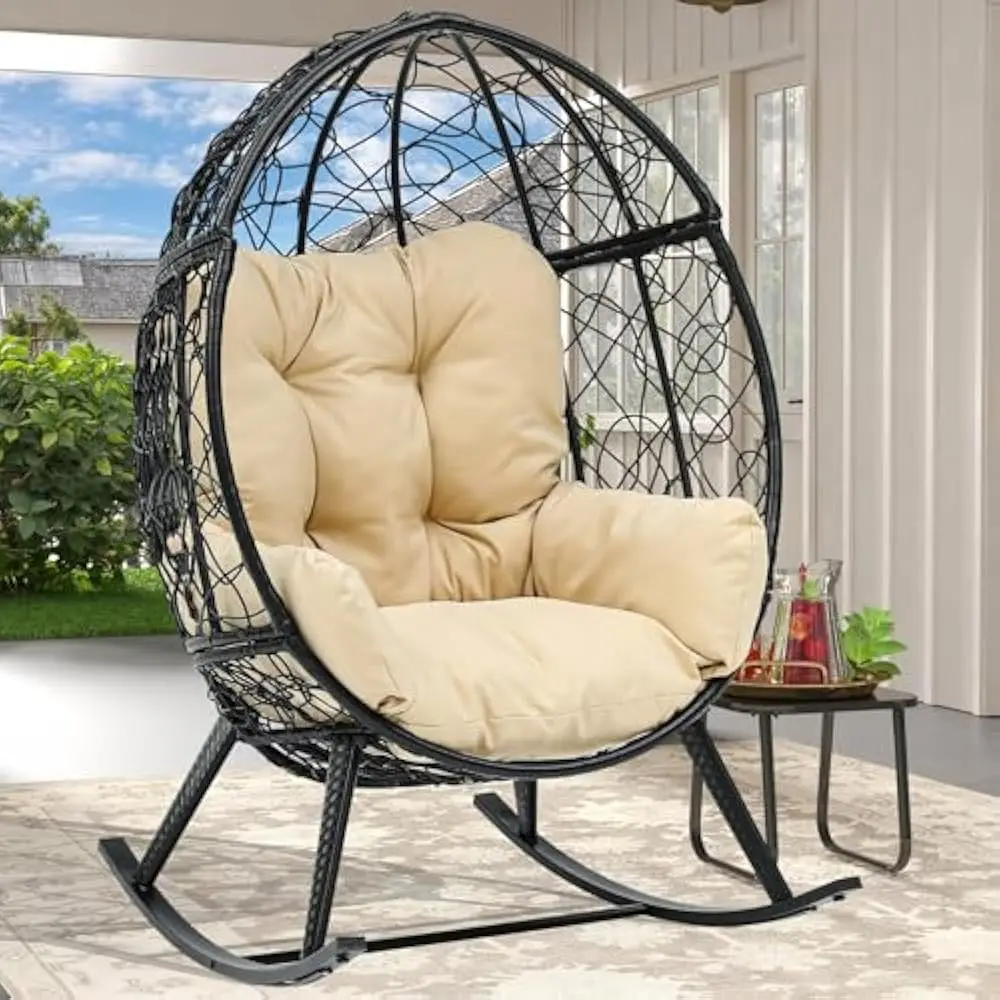 Wicker Rocking Egg Chair, Rattan Rocking Chairs, Indoor/Outdoor Lounger for Patio, Backyard, Living Room, Garden Egg Chair image 2