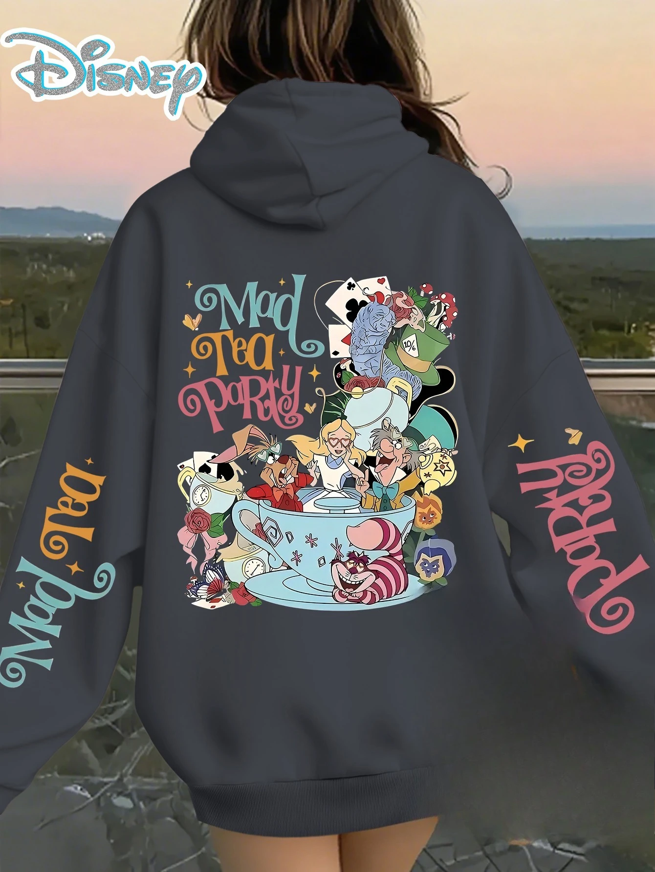 1 Disney Damen-Kapuzenpullover, bequem, locker, Alice im Wunderland, Mad Tea Party-Muster, Herbst und Winter, lässiger Langarm-Pullover
