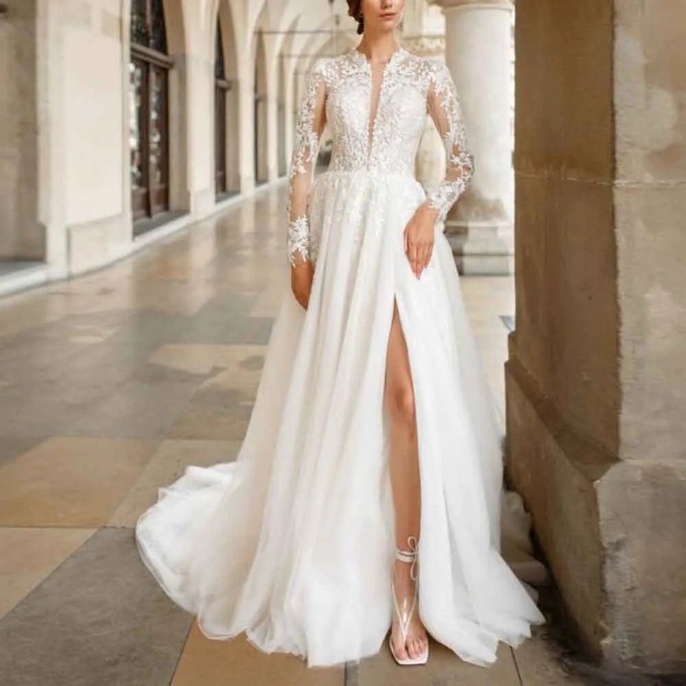 فستان زفاف بوهو مخصص من الدانتيل للعروس بياقة دائرية وأكمام طويلة svativi sencее سبليت تول رداء de mariée