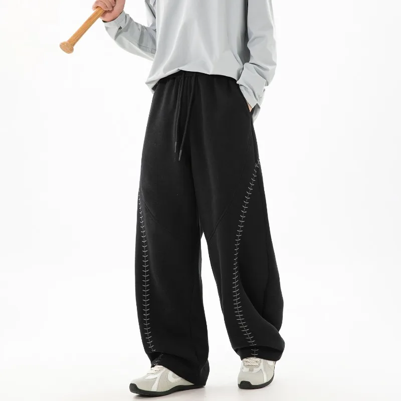 Contrasting Color Embroidery Split Profile Scimitar Casual Pants Men's Autumn Retro Loose Texture Sweatpants