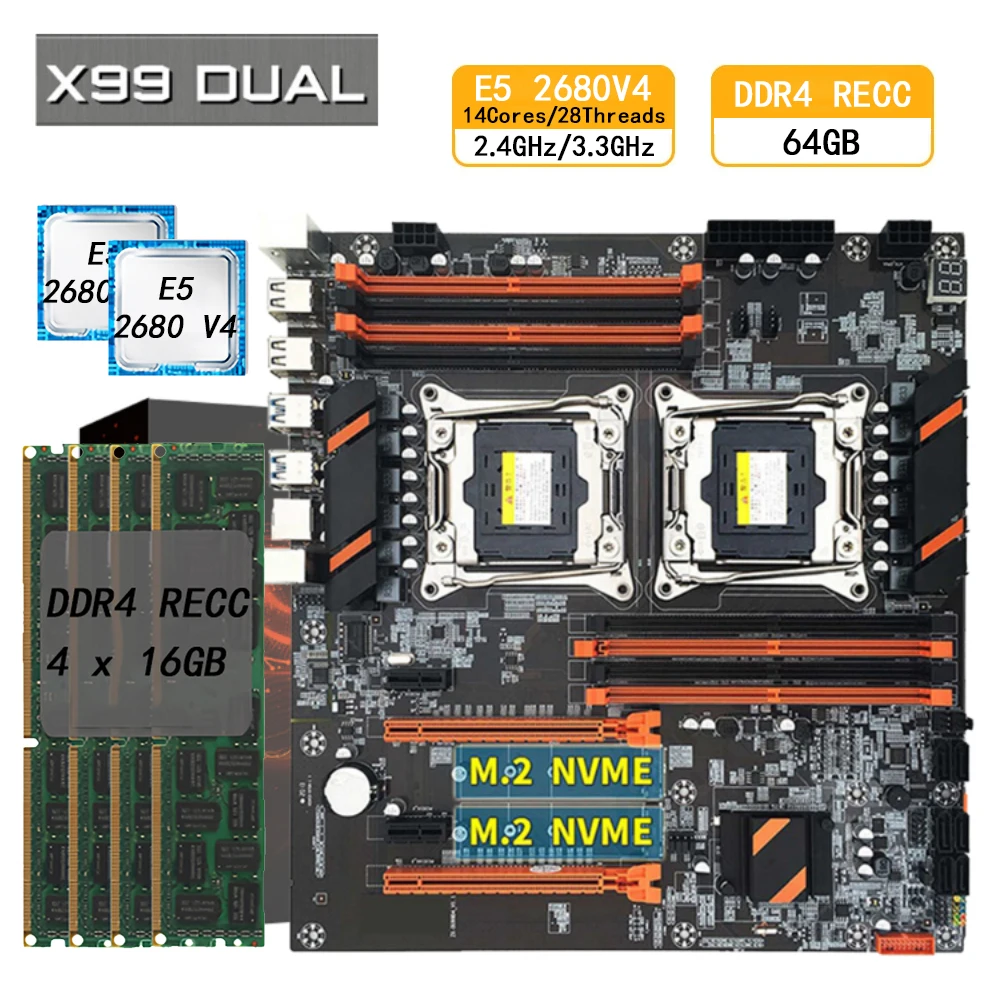 X99 Motherboard Set Dual CPU with E5 2680 V4 64GB DDR4 Ram 2400mhz Support USB3.0 SATA3 M.2 X99 Sever Combo