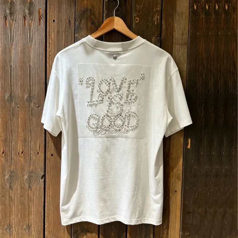 Fashion Street Men Women Loose White Tee GOODBRAND Love Is Good Imitation Pearl Letter Logo Transparent Nail Bead Short Sleeve