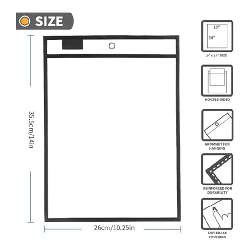 Plástico transparente Titulares Bilhete Trabalho, Seco Apagar Bolsos, Loja Ticket Titulares, Preto, Reutilizável, Mangas para Papel, 10x14in