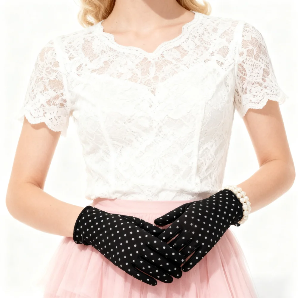 PESENAR Guanti a pois bianchi neri stile anni '50 per accessorio per feste in costume vintage retrò