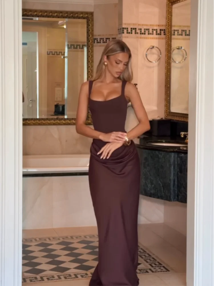 

Fashion Pleated Sling Maxi Dress Women Elegant Solid Sleeveless Square Neck Off-shoulder Slim Fit Robes Lady Evening Party Gowns