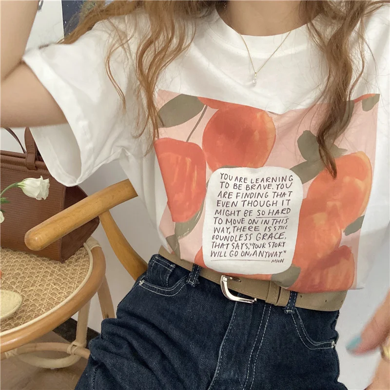 Summer Ins Korean Loose Letter Print Cotton T-shirt Women Casual Short Sleeve Basic Tees Tops Oversize Tshirt Female Clothing