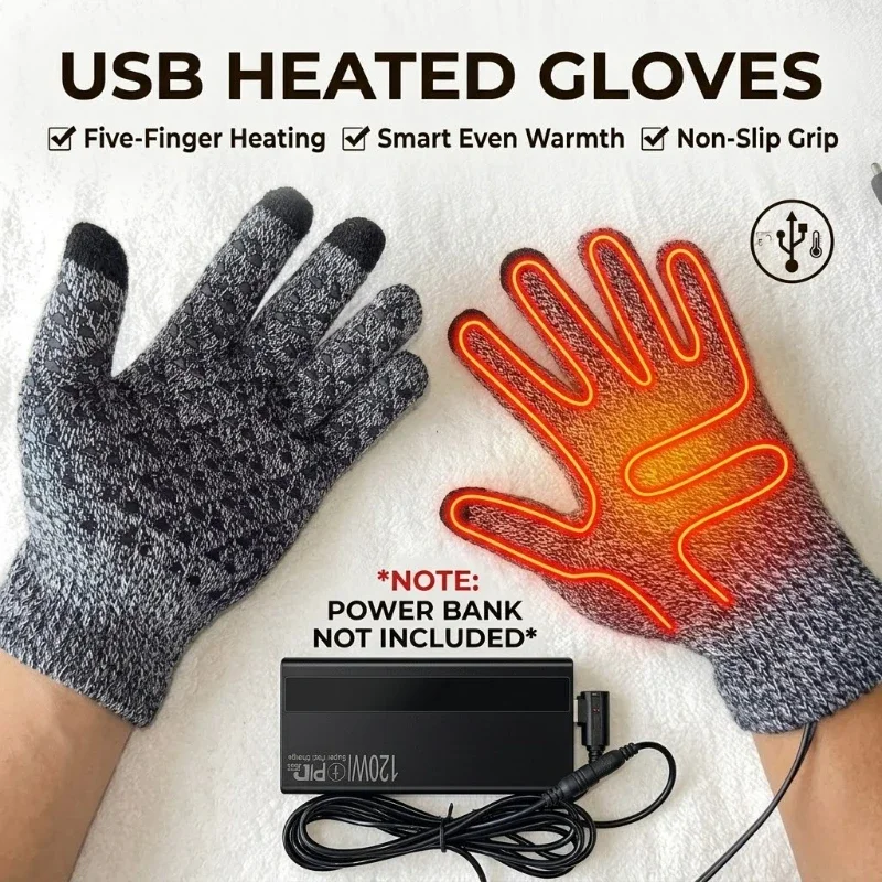 USB Electric Heating Gloves Anti Slip Five Finger Back Hand Warm Thickened Charging Constant Temperature for Outdoor Cycling