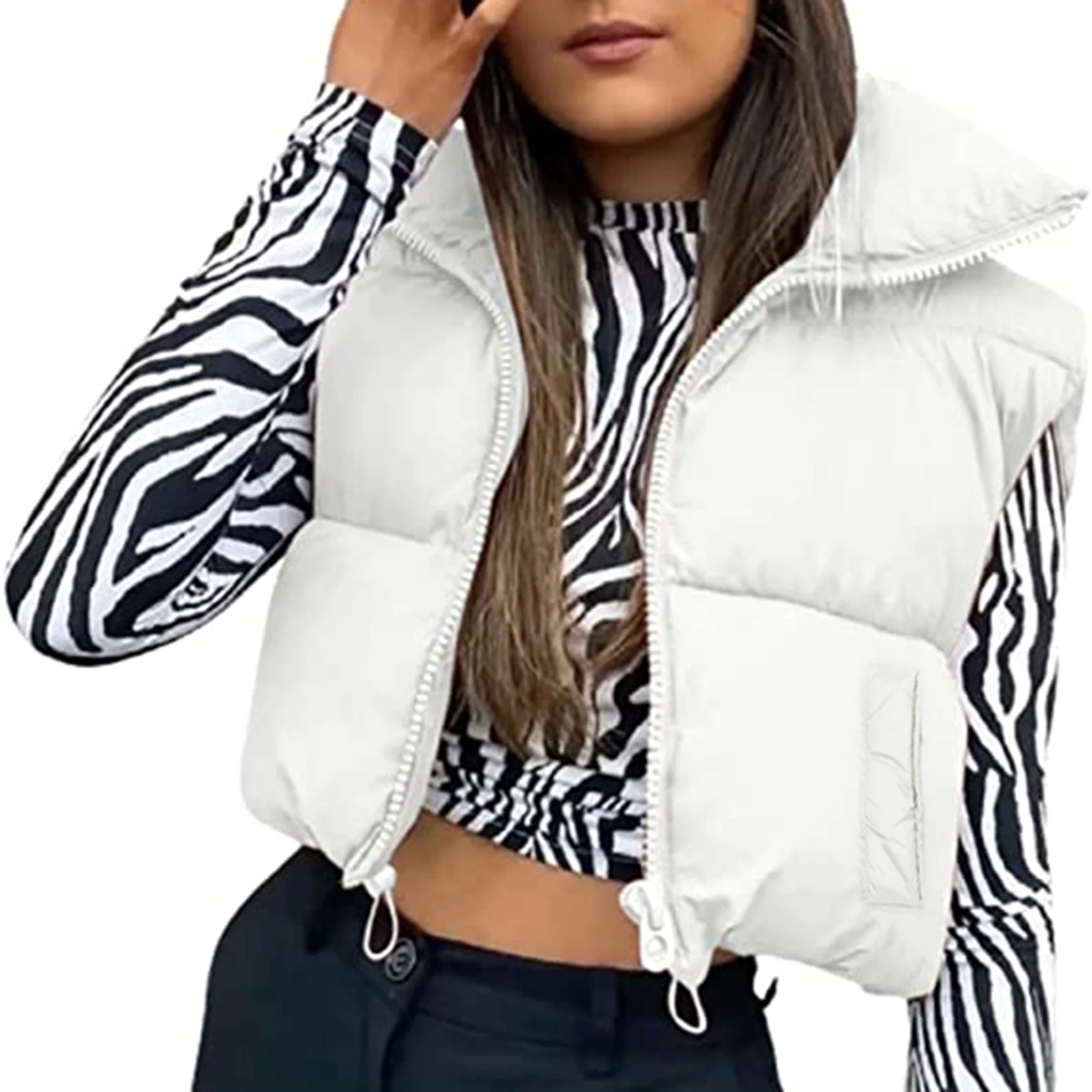 

Women Winter Warm Crop Waistcoat Sleeveless Stand Collar Double Sided Lightweight Puffer Vest