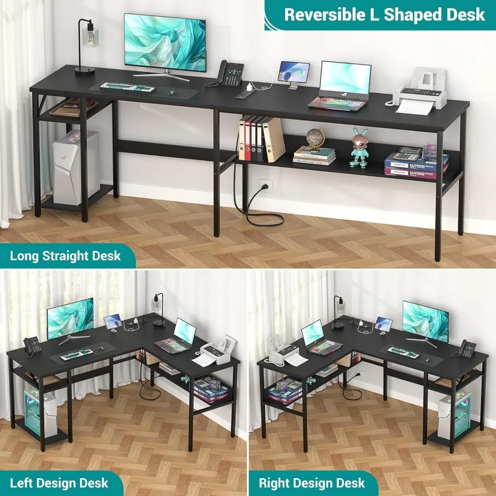 L Shaped Computer Desk with Power Outlets and USB Charging Ports, Sturdy Corner Desk with Storage Shelf
