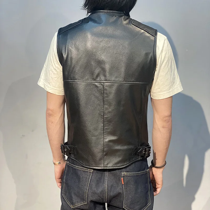 Summer simple men biker models natural leather vest riding club style slim short double open round neck head layer cowhide tops