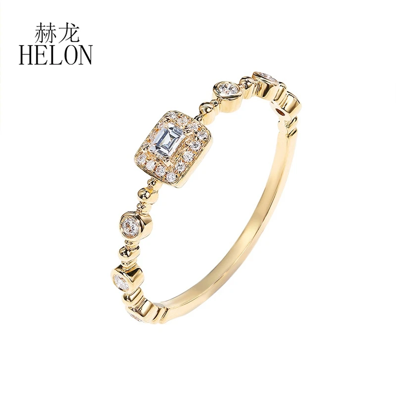 HELON 14K Yellow Gold Round/Drop/Emerald Moissanite Diamonds Ring Women Fine Band Stackable Minimalist Delicated Texture Jewelry