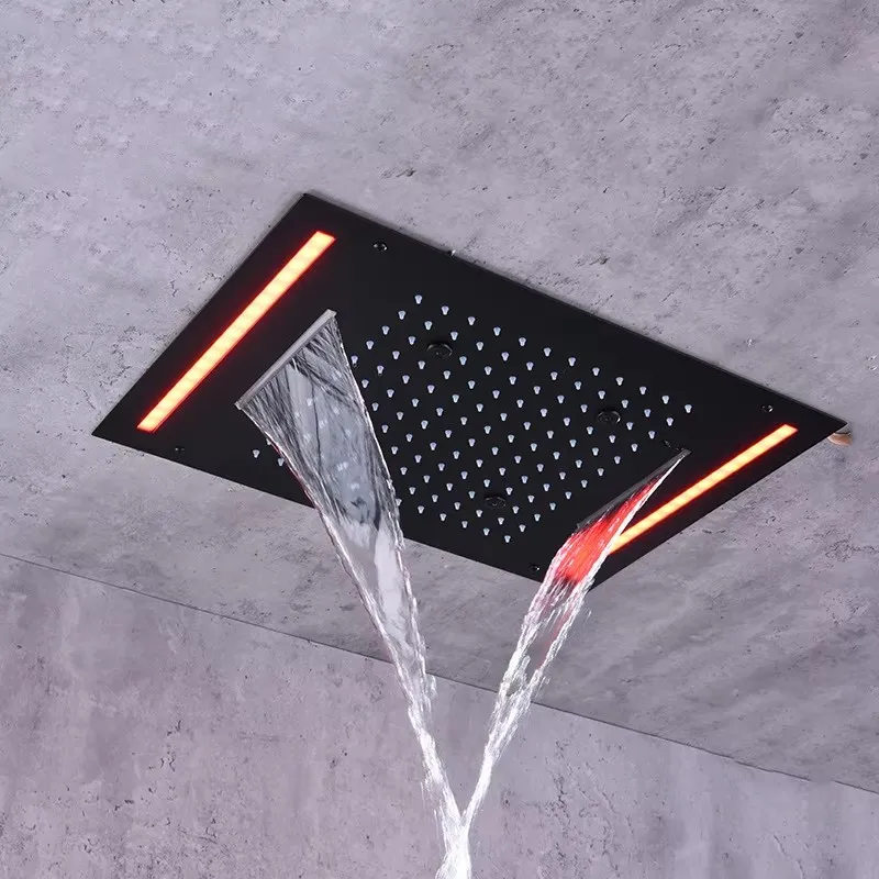 Led Light Square 304 Stainless Steel LED Shower Head High Pressure Rainfall Top Sprayer Ultra Thin Water Saving 500*360mm