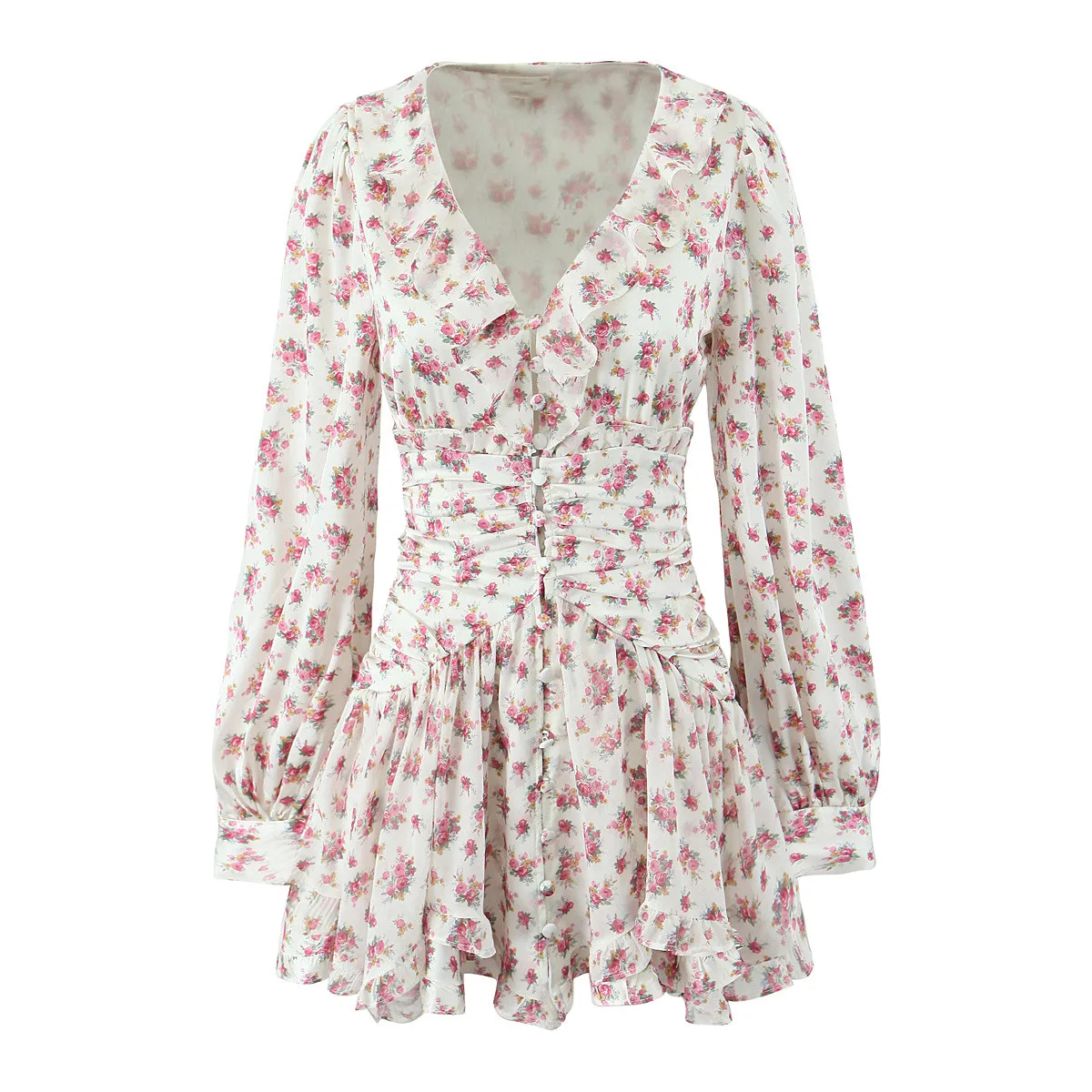 Robe à manches longues bouffantes pour femmes, ourlet à volants, mini chemise, boutons ouverts, oreilles en bois, blanc, rose, imprimé fleuri, robes de vacances, 2025