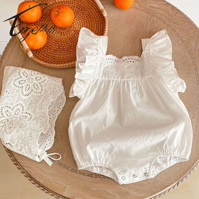 Engepapa 2022 New Baby Girl Romper Short Flying Sleeves Jumpsuit Baby Girl Romper Pure Color Baby Girl Sweet Lace Romper Costume