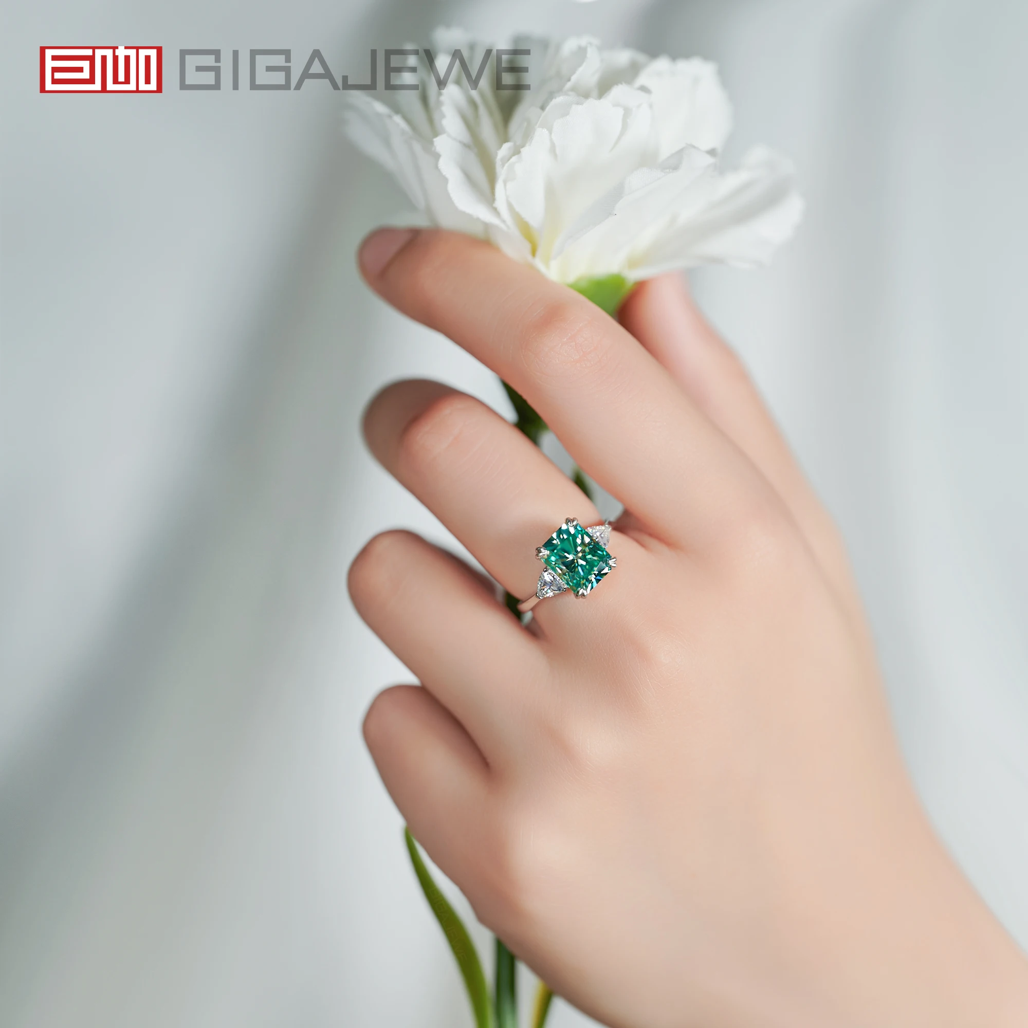 GIGAJEWE Moissanite 8X10mm 4.0ct 방사선 절단 천연 청색 S925 실버 반지 다이아몬드 테스트 통과 GRA 여자 아내 선물