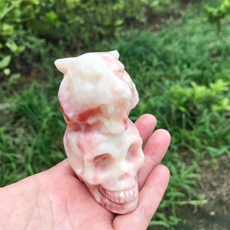 8CM Natural Pork Stone Tiger Head With Skull Gemstone Crystal Healing Figurine Crystal Crafts Ornament Home Decoration 1pcs