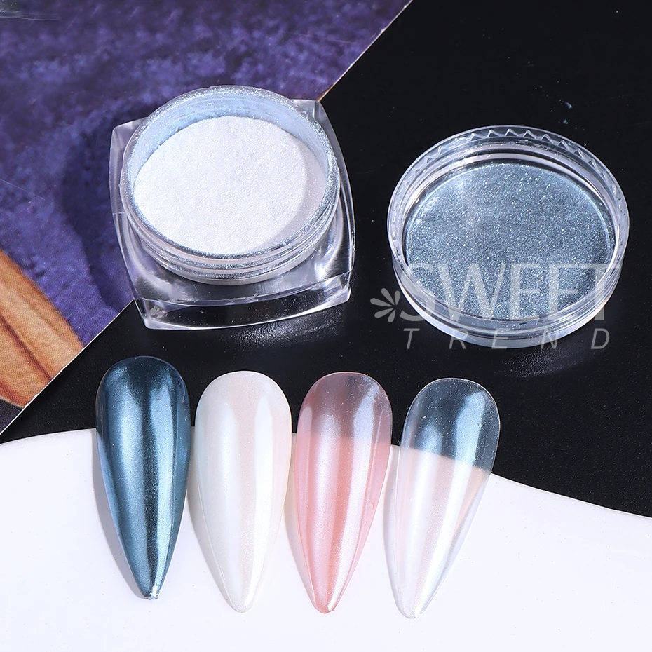 2 กล่องสีขาว Aurora Pearl Chrome ผงเล็บ Moonlight สีขาวถูบนผงกระจกสีเล็บอุปกรณ์ตกแต่งเล็บ