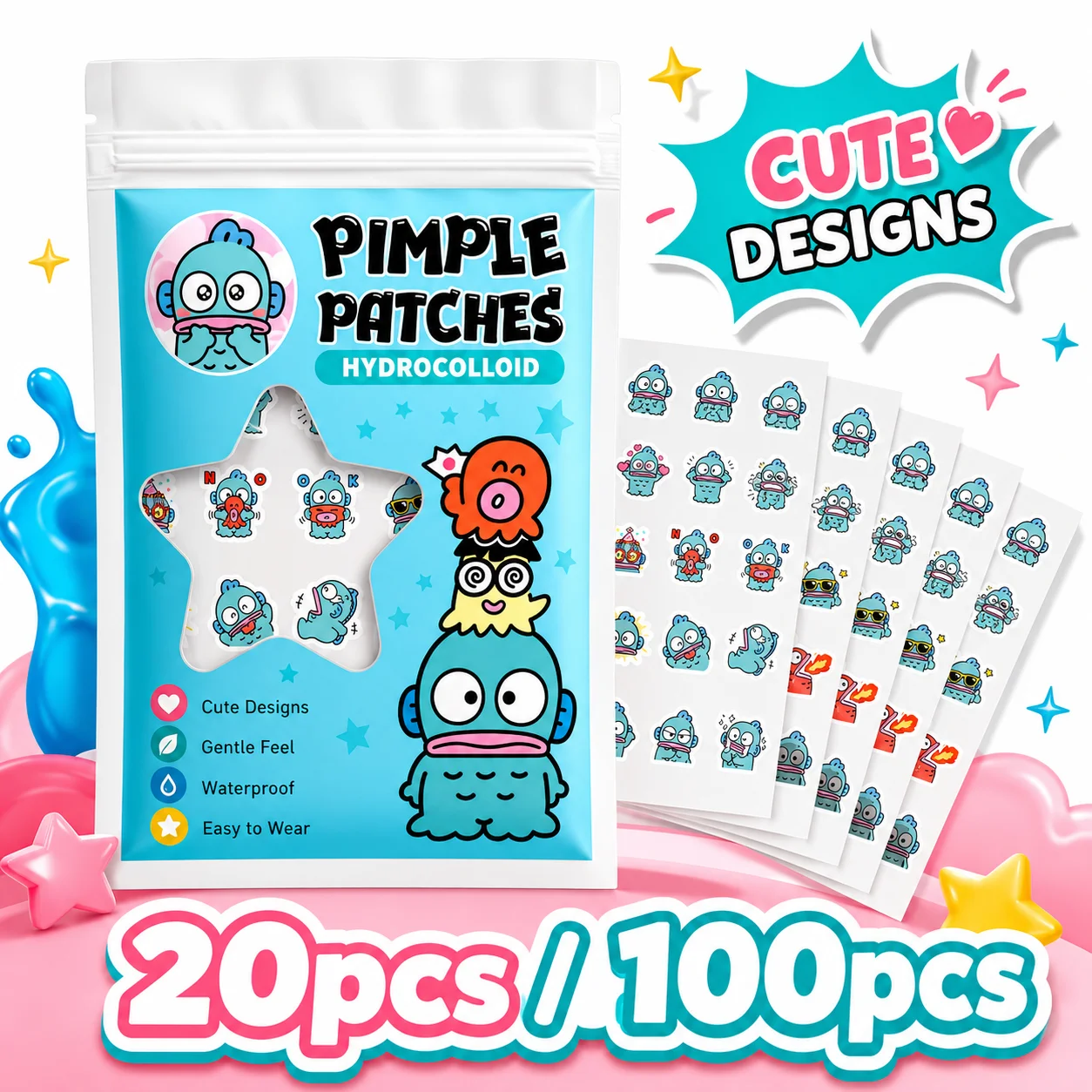 20/100pcs Cartoon Hydrocolloid Pimple Patches, Thin Spot Cover Stickers for Day Night Face Care & Travel