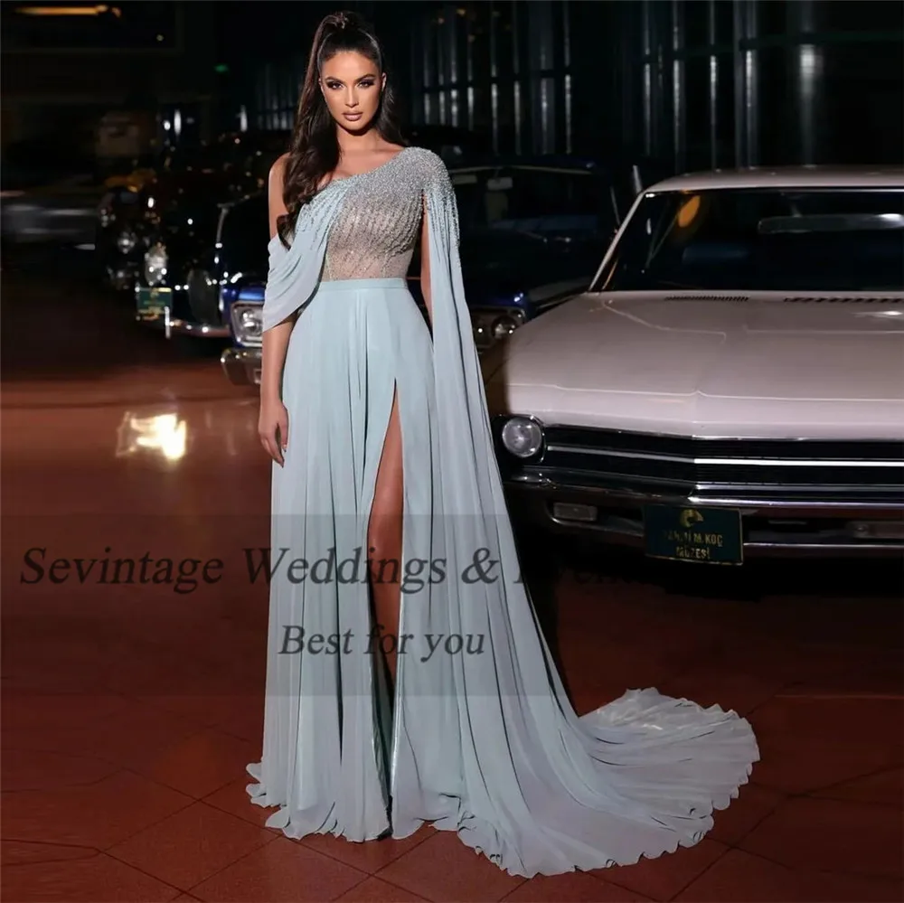 

Sevintage Baby Blue Chiffon Evening Dresses Sequineds One Long Slit Sleeves High Middle Slit Women Prom Dresses for women 2023