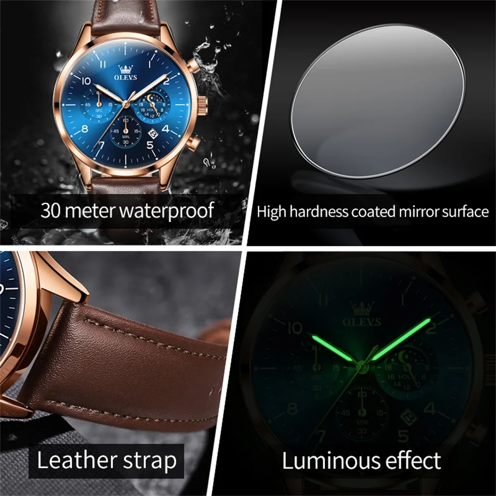 Olevs Merk Originele Quartz Horloge Voor Heren Lederen Band Maanfase Heren Horloges Waterdicht Lichtgevende Chronograaf Heren Polshorloge