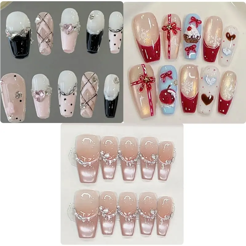 

10pcs/bag Blck Red French Cat Magnetic Ballet Plaid Polka dot Medium Coffin Handmade Press On Nails Detachable False Nails