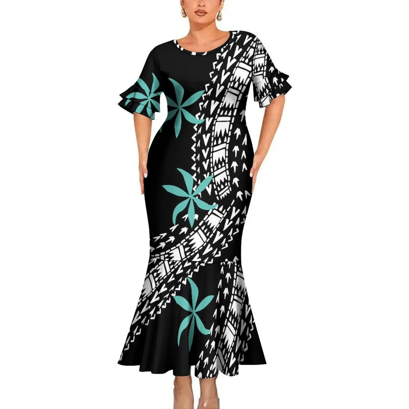 Polynesian Island mit Paaranzug Samoa-Fiji Elegantes Damen-Kurzarmkleid Slim-Fit-Fischschwanzkleid mit Herrenhemd