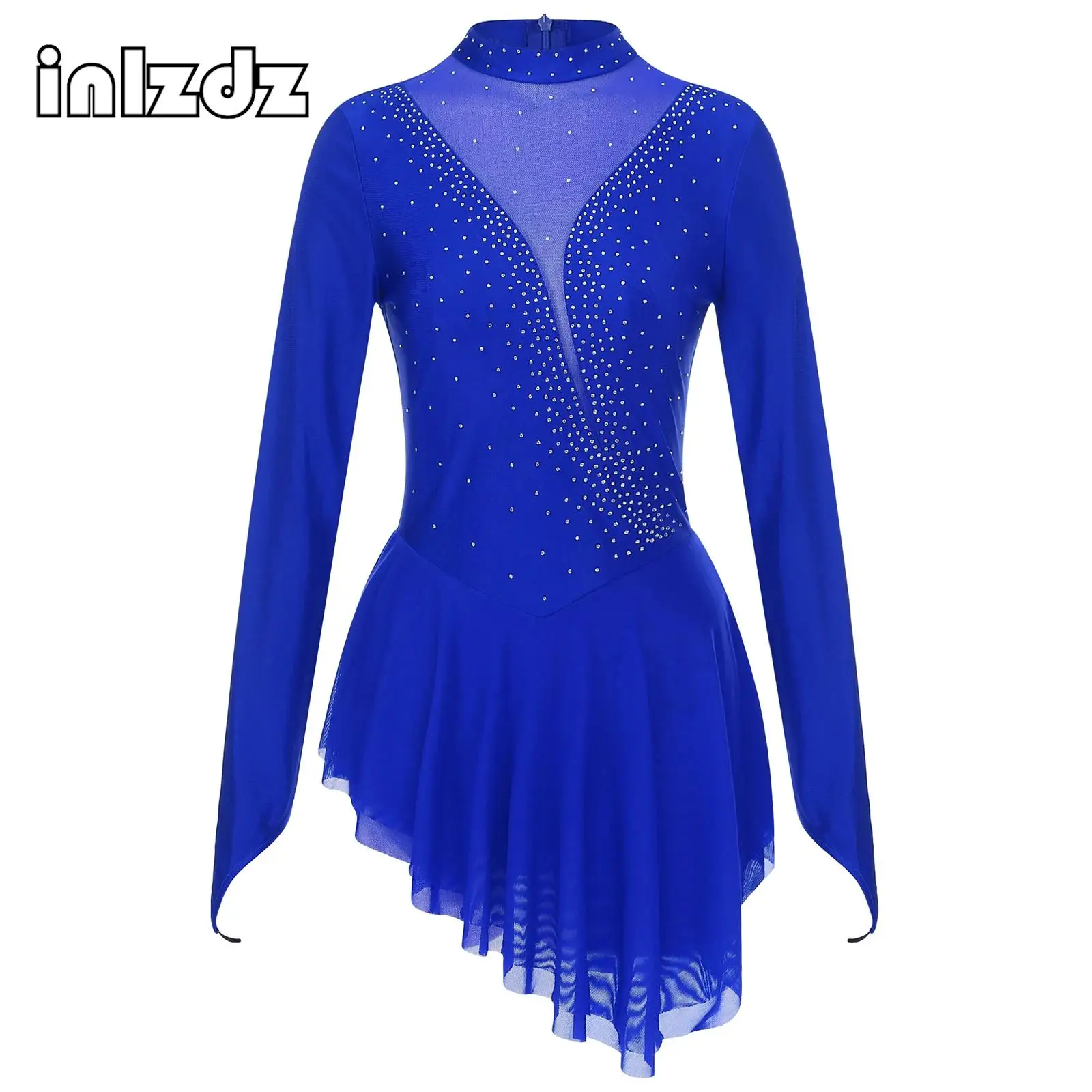 

Womens Figure Skating Dress Costume Rhinestone Sheer Mesh Tutu Ballet Gymnastics Leotard Dress Lyrical Performance Dancewear