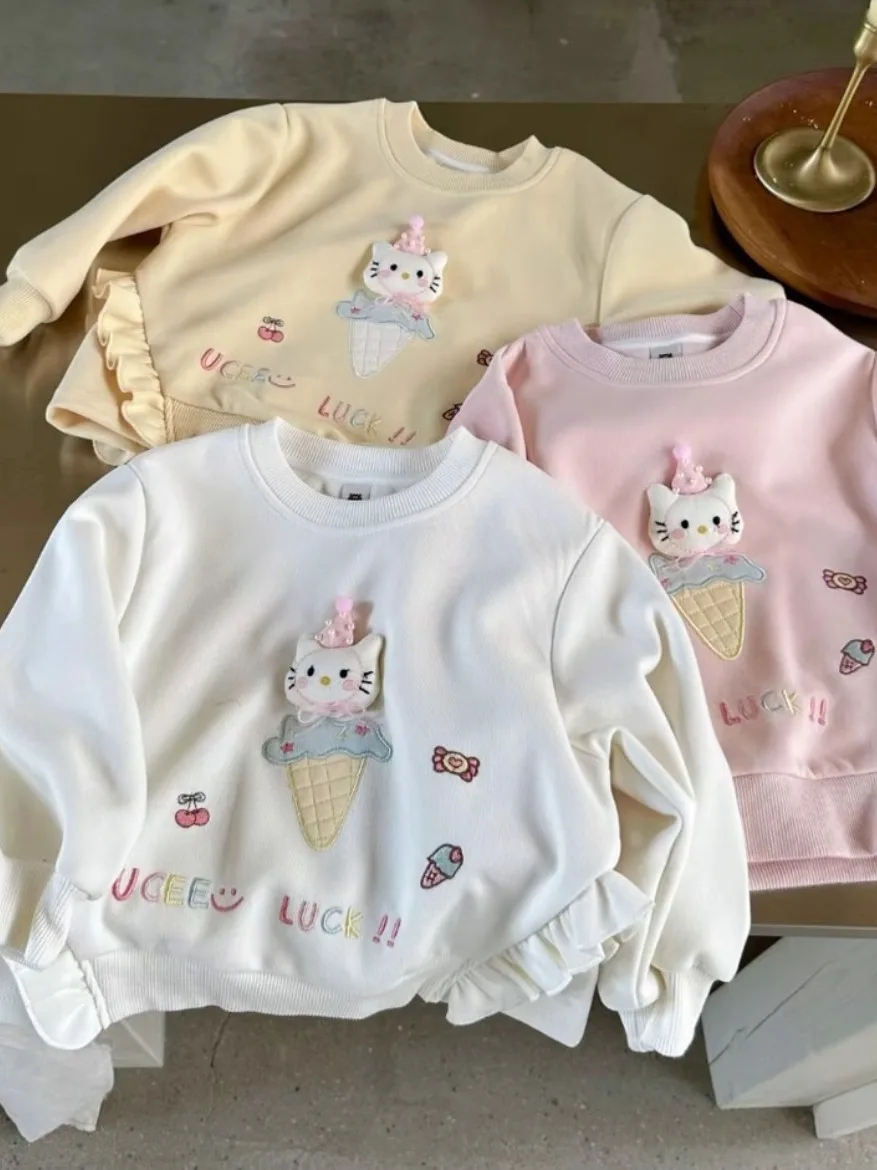 

Детский хлопковый свитер с круглым вырезом для девочек на весну-осень, модный повседневный топ для юных детей, удобный длинный рукав, уличный стиль