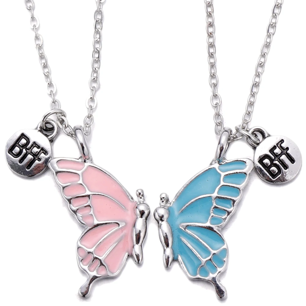 2Pcs BFF Couple Neckaces Butterfly Pendant Necklace for Women Lovers Best Friend Chokers Chain Clavicle Necklace Friendship Gift