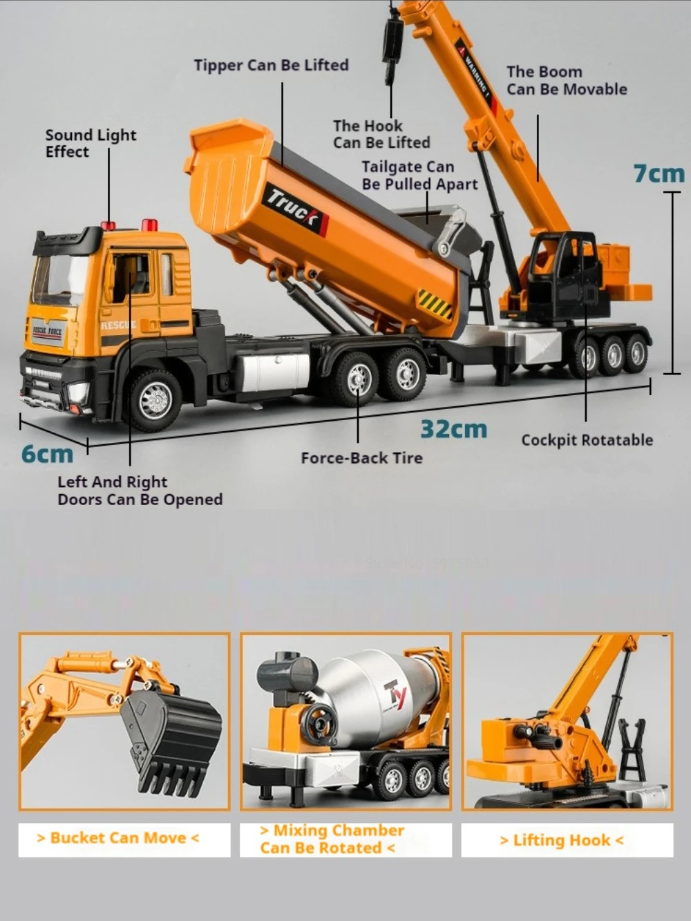 1/32 Tipper Truck Excavator Car Model Toy Alloy Diecast with Sound and Light Components Are Movable Vehicles Toys Birthday Gift