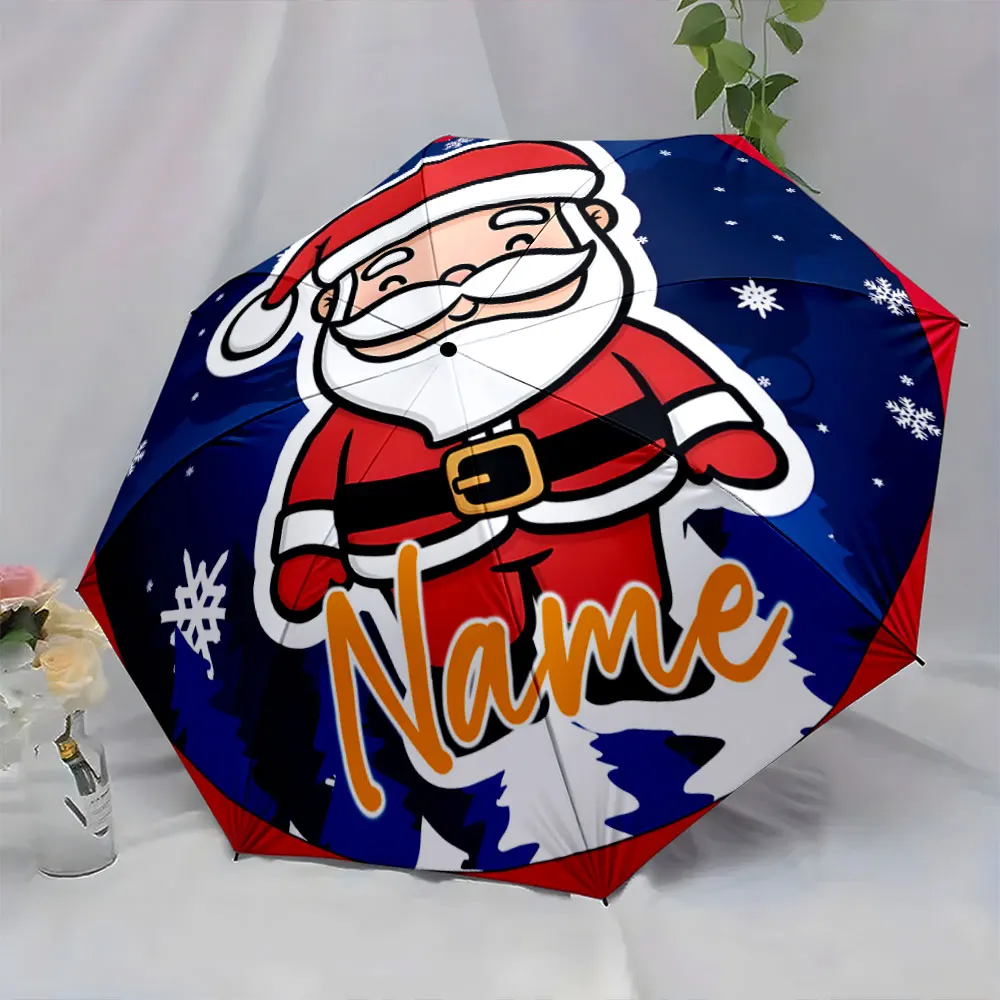 Custom Name Festive Santa Claus Umbrella Design 8 Iron Ribs Folding Umbrella Auto-Open Fashionable Sunshade Deluxe Gift