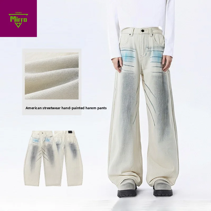 【Mirrordust】American Graffiti Hand-Painted Lantern Pants Washed Jeans Men's Autumn Loose Scimitar Style Wide-Leg Pants