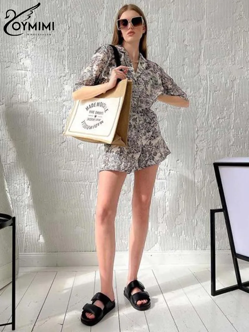 Oymimi Elegant Khaki Print Women 2 Piece Set Outfit Fashion Lapel Half Sleeve Button Shirts And High Waist Shorts Set Streetwear