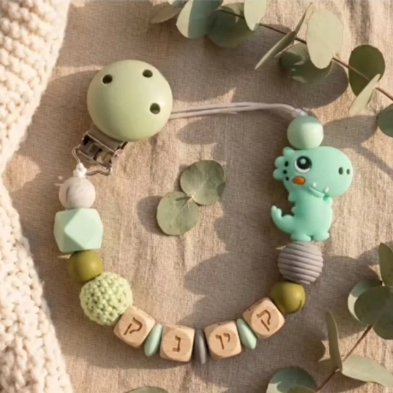 DIY Custom Hebrew Name Pacifier Green Dinosaurs Clip Personalized Pastel Holder Newborn Baby Shower Gift Hebrew Letter