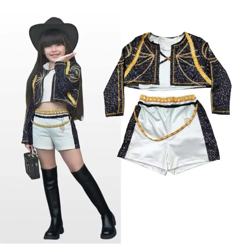 New Pop Singer Cosplay Costume for Girls Halloween Christmas Black White Vest Coat and Shorts Three-piece Set Dress Up