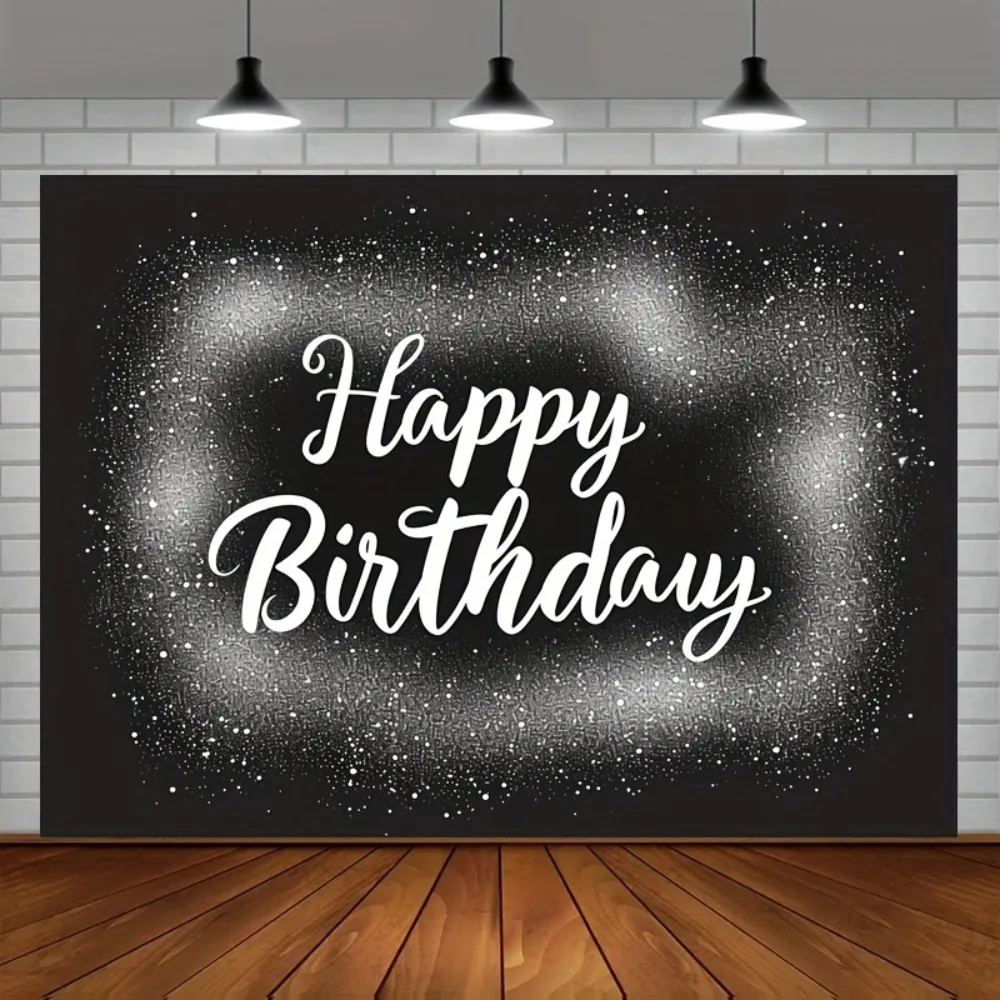 Elegant Black and Silver Happy Birthday Backdrop with Grey Glitter - Polyester Photography Background Birthday Party Decorations