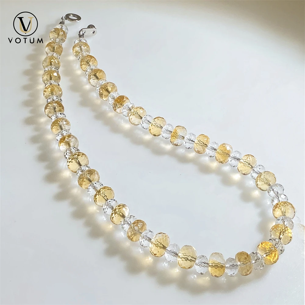 Votum Natural Faceted Clear Quartz Citrine Beaded Choker Necklace for Women Lady Crystal Healing Stone Wealthy Attract Jewelry