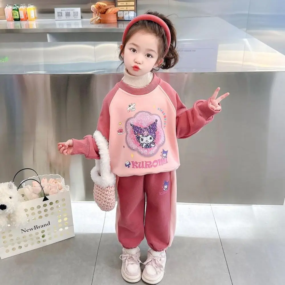 

Kawaii Sanrio Kuromi Girls Sweatshirt Trousers Cartoon Fleece Long Sleeve Tops and Pants 2Pcs Autumn Winter Children's Clothing