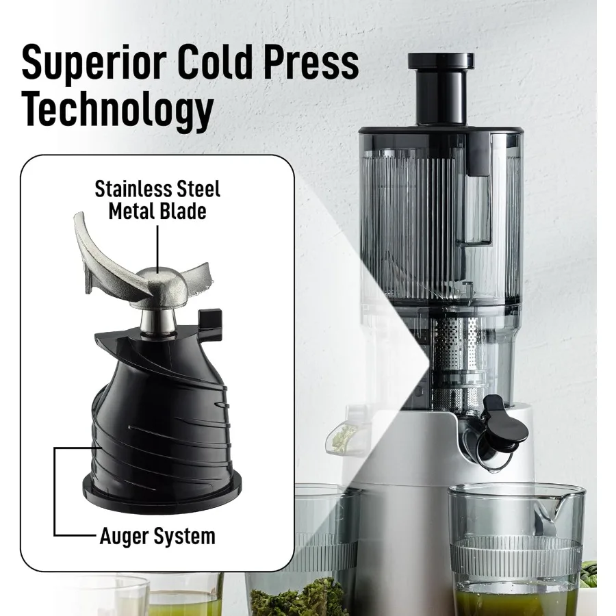 5つの幅広投入口と50 RPMの低速咀嚼技術を備えたコールドプレスジューサーで、酸化を抑え、特許取得されたデザインにより高いジュース量を確保します。