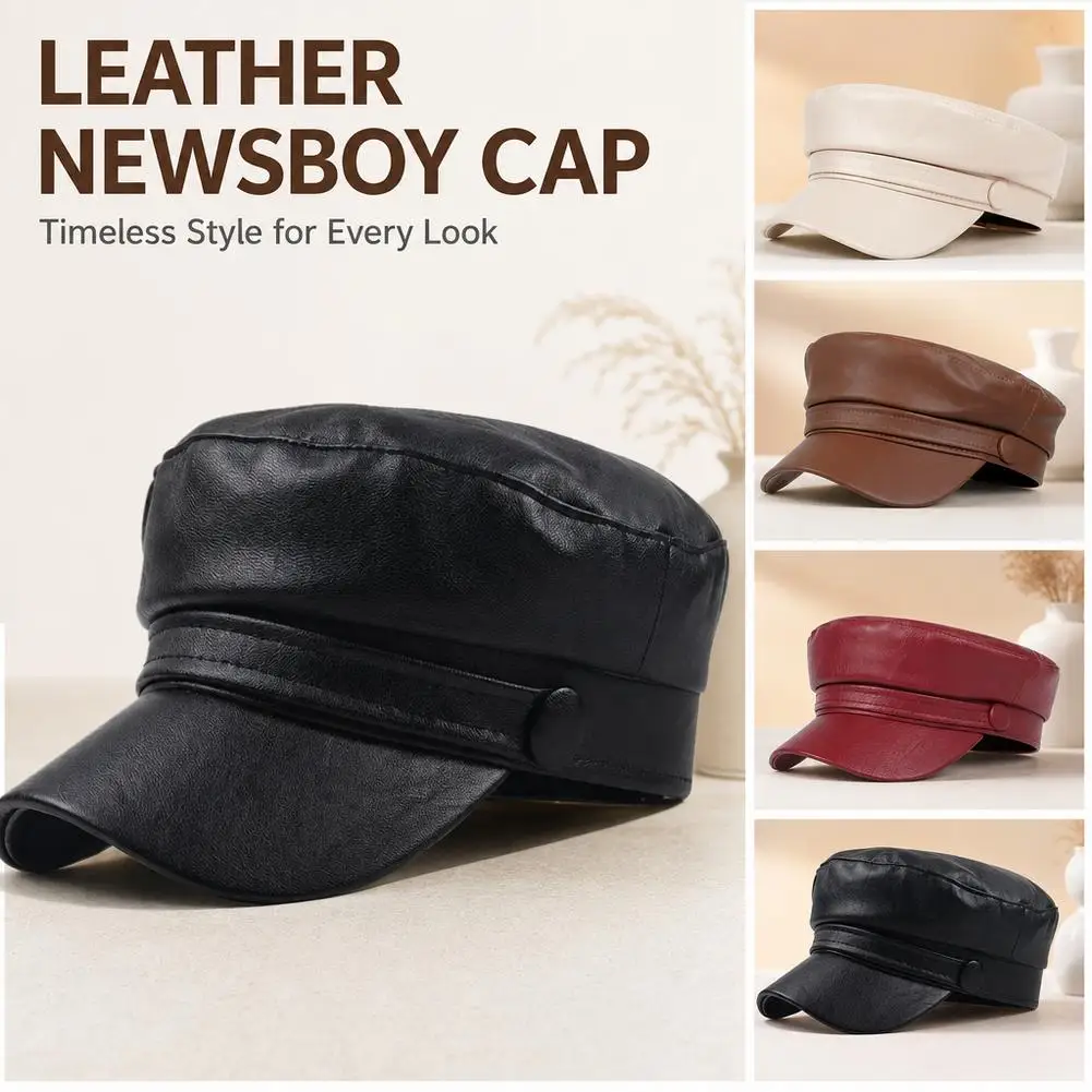 Pu Leathe Solid Color Army Cap Spring and Autumn Outdoor Casual Adult Sun Hats Hip Hop Hat Sunscreen Hat Sports Cap