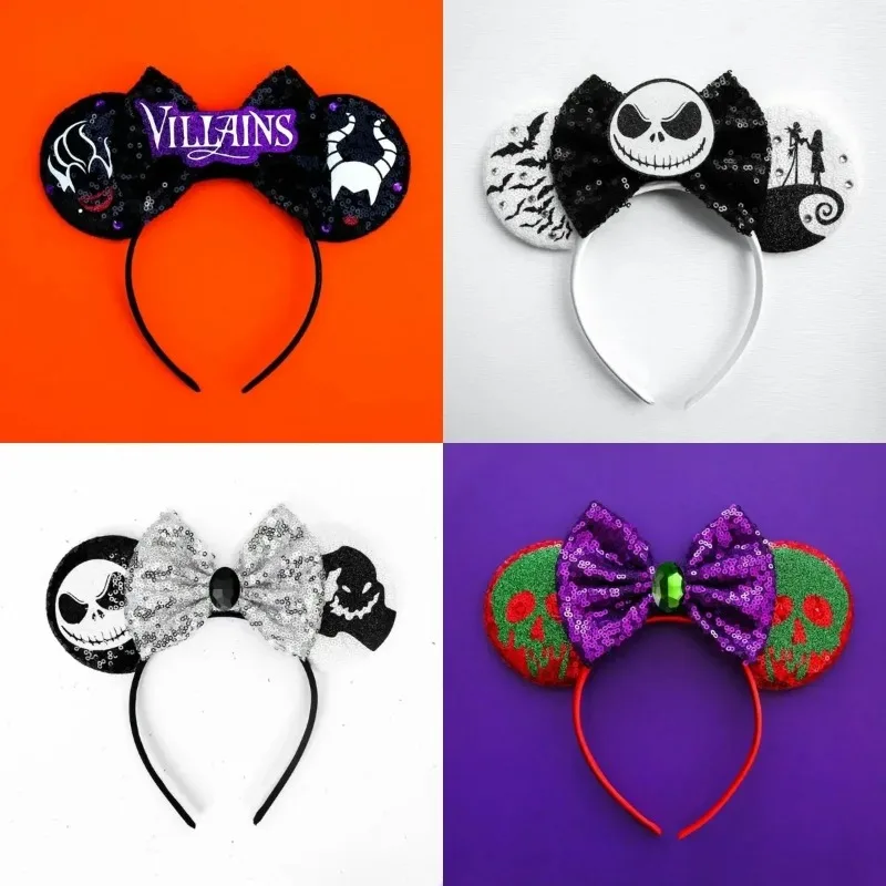 Disney Happy Halloween Ears Headband Women Hallowmas Easter Hairband Girl Sequins Bow Hair Accessories Kid Coslpay BirthdayGift view 3