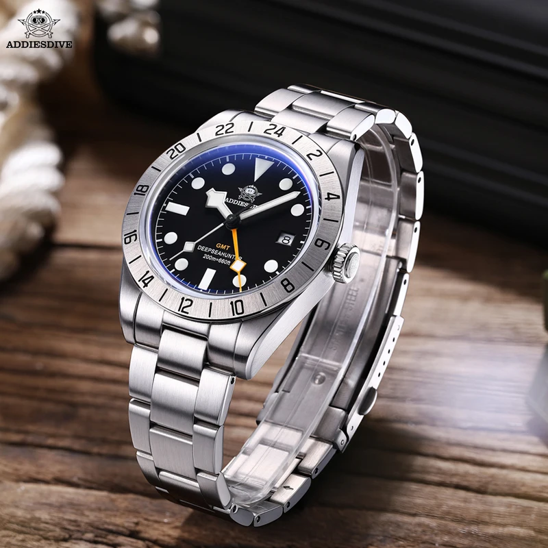 ADDIESDIVE New Luxury Men Quartz Wristwatch Stainless Steel GMT Watch Top Brand Bubble Glass 200m Waterproof Men Watches reloj