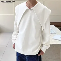 INCERUN New Men Korean Style Tops 2024 Casual Long Sleeve Solid Color Shirts Navy Collar Fashionable Male Loose Elegant Outfits