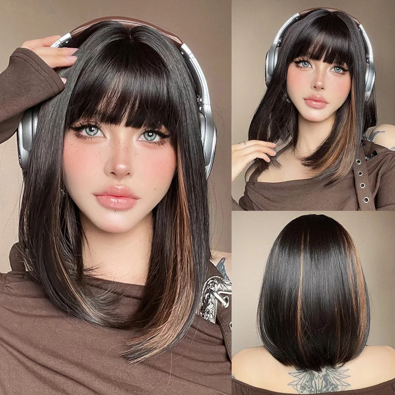 Short Straight Bob Wig with Bangs | Black Brown Highlight Synthetic Wig Women