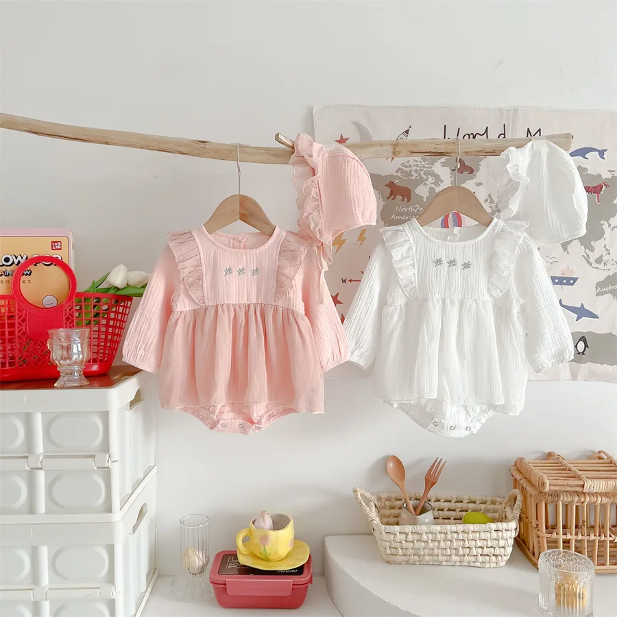 

Комбинезоны для маленьких девочек от 0 до 1 года, весенние однотонные комбинезоны для маленьких девочек, боди для новорожденных девочек, комбинезоны из чистого хлопка для маленьких девочек + шапка