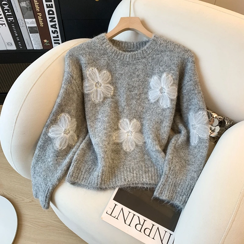 

Высококачественный французский вязаный свитер с длинными рукавами и трехмерным цветком Real Photo для женщин, свободный и тонкий топ в ленивом стиле