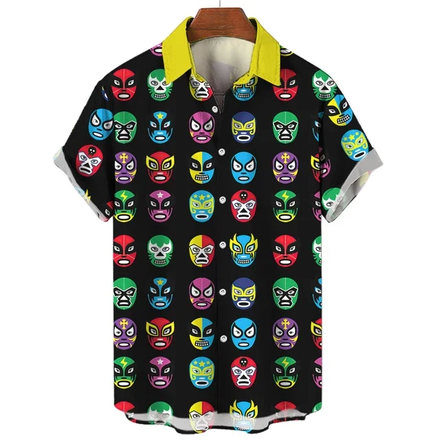 Mexican Wrestling Printing Shirts For Men's Clothing Short Sleeve Cardigan Vintage Male Summer Tops Laple Blouse Casual Clothes