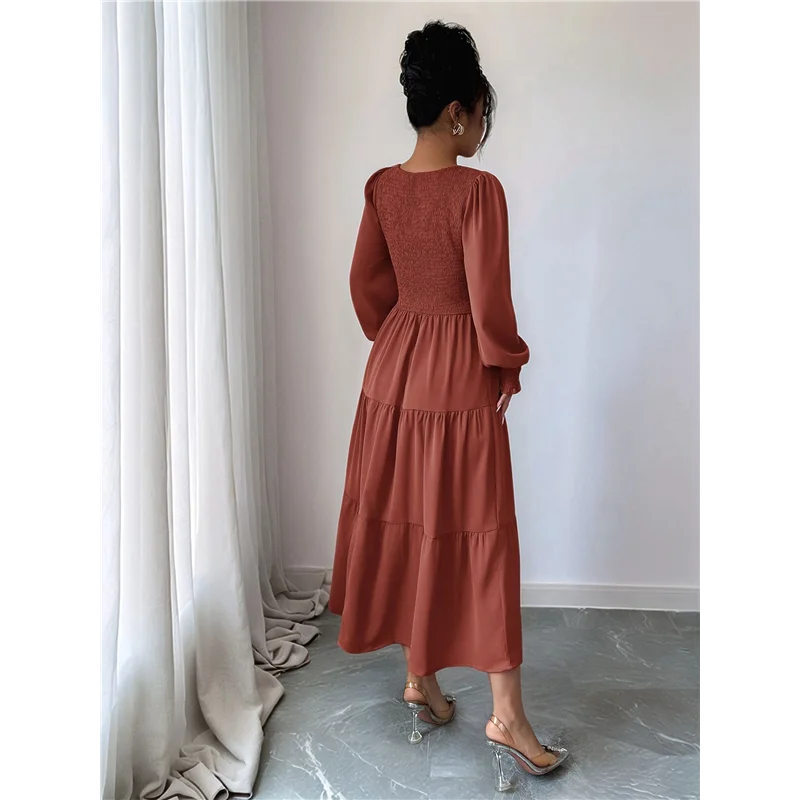 ABP-Fall Wedding Guest Dresses For Women Puff Long Sleeve Smocked Casual Crew Neck Tiered A Line Flowy Long Dress